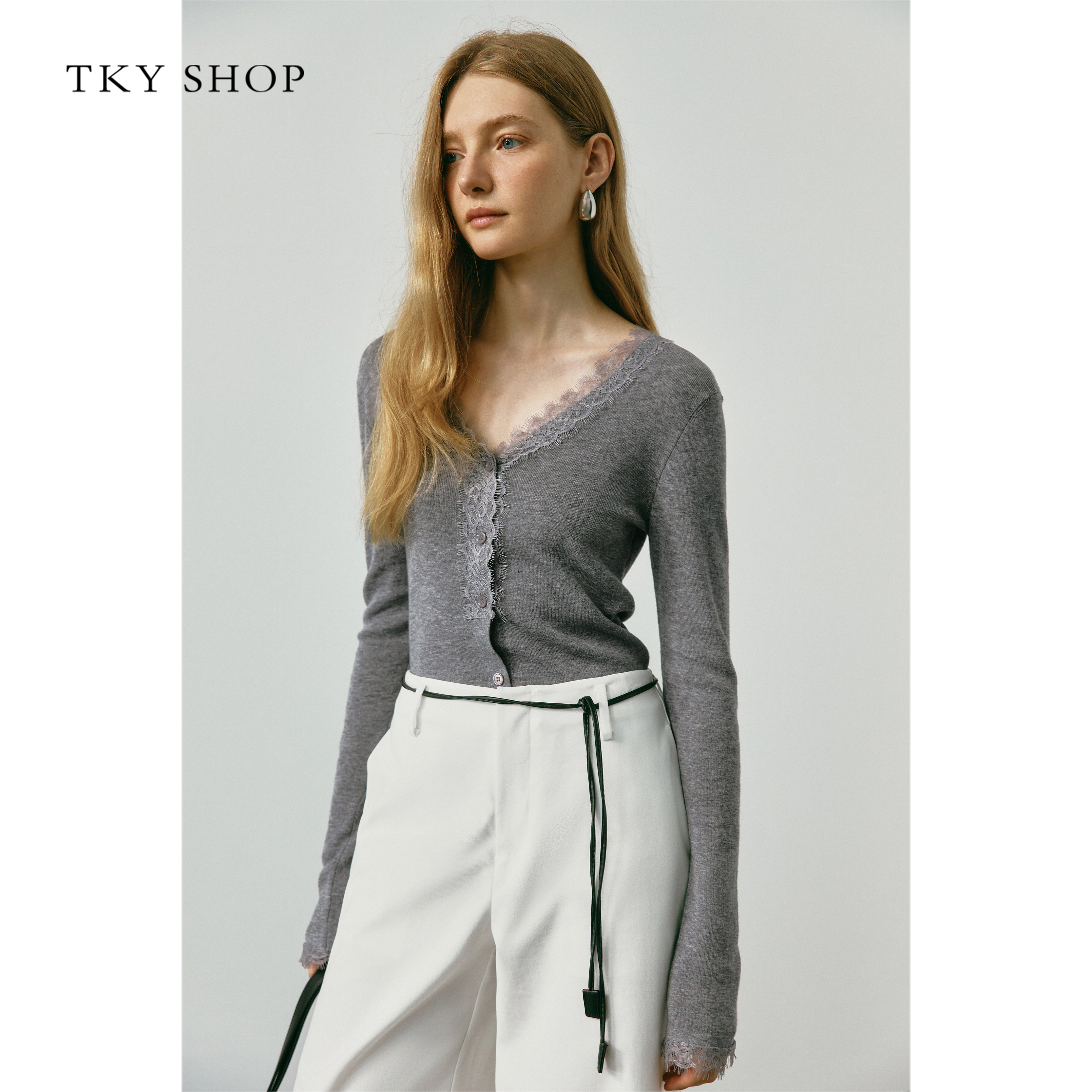 TKYSHOP长袖蕾丝边针织开衫