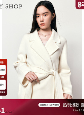 [100%绵羊毛]TKY SHOP翻领系带大衣女冬季新款简约气质毛呢外套女