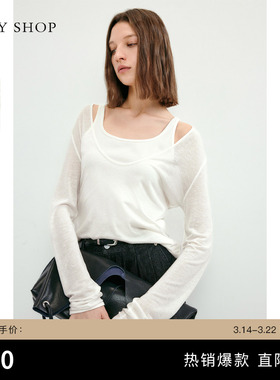 TKY SHOP慵懒风撞色假两件微透针织衫女白色长袖打底衫百搭上衣