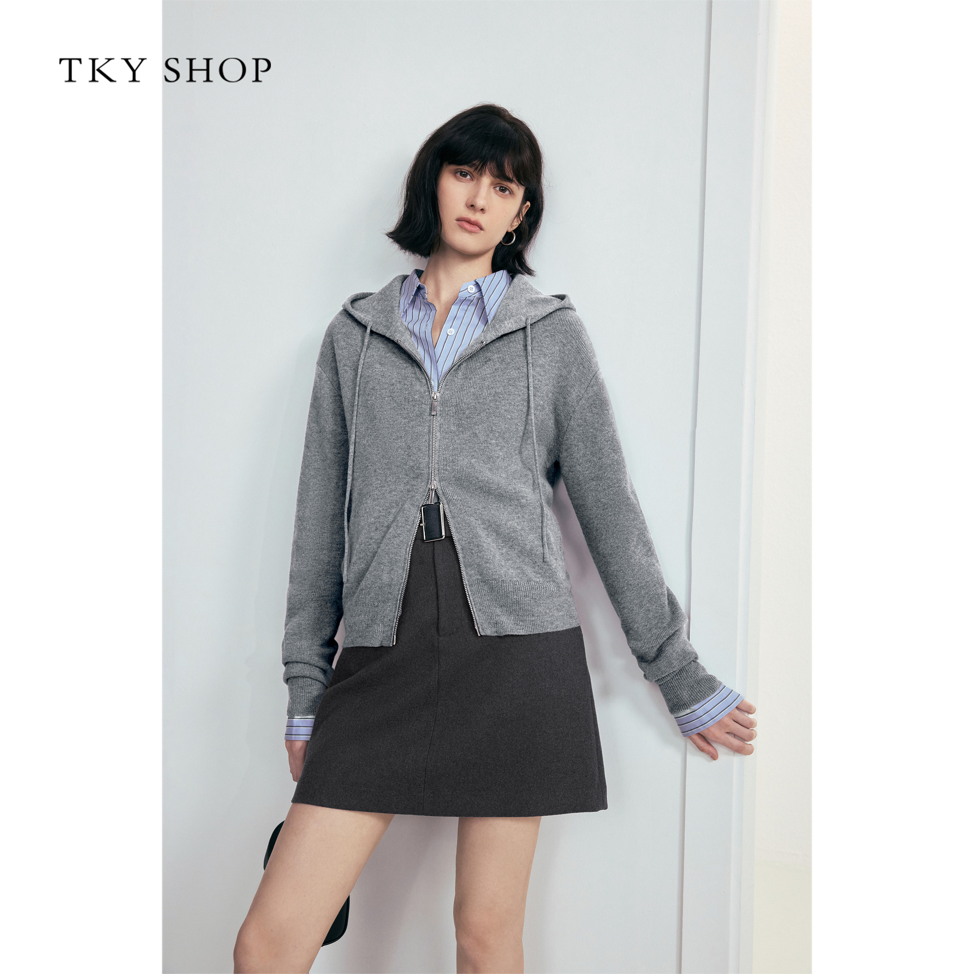TKYSHOP高腰显瘦灰色半身裙