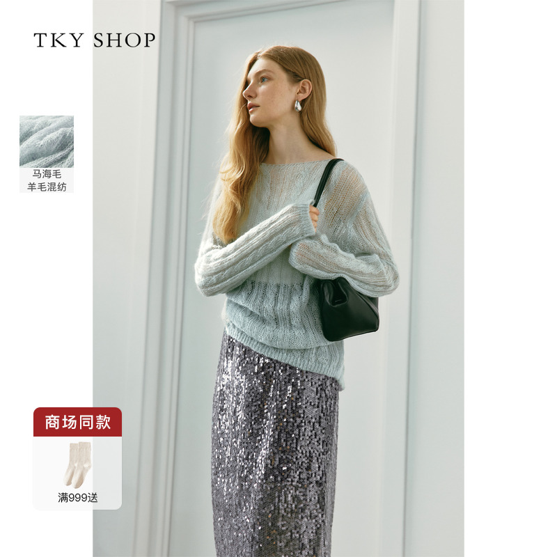 TKYSHOP一字领长袖毛套衫