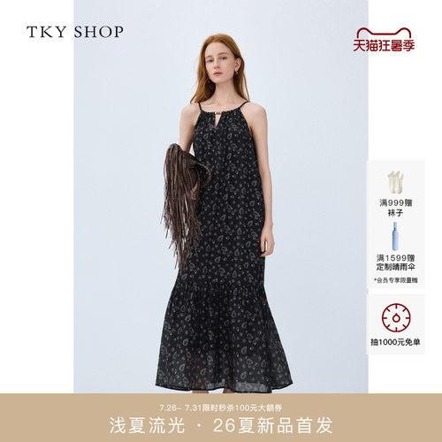 TKYSHOP碎花吊带小黑裙