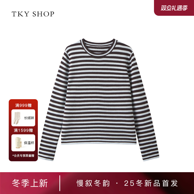 TKYSHOP复古条纹圆领长袖针织衫