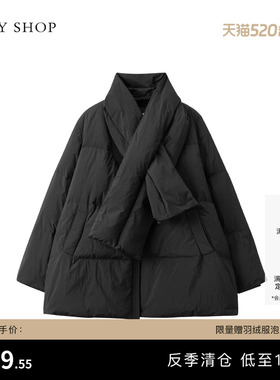 [反季专区]TKY SHOP黑色短款围脖羽绒服女防风保暖加厚外套鹅绒服
