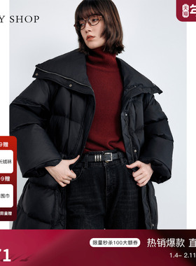 TKY SHOP收腰大翻领羽绒服女2025冬新款防风保暖厚外套黑色鸭绒服