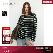 女宽松休闲长袖 TKY SHOP棉感圆领条纹T恤春新款 上衣简约通勤舒适