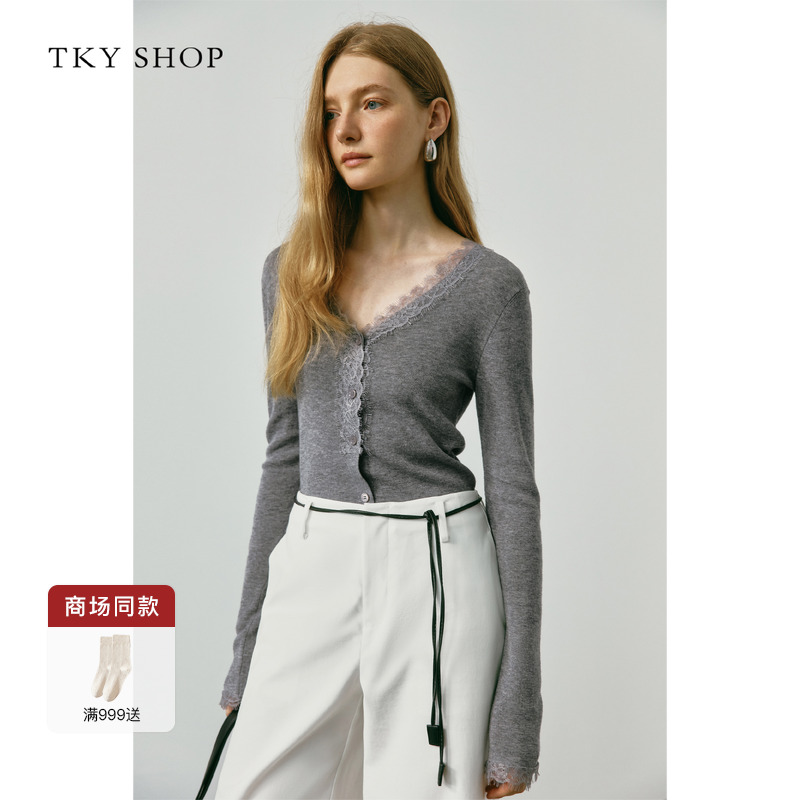 TKYSHOP长袖蕾丝边针织开衫