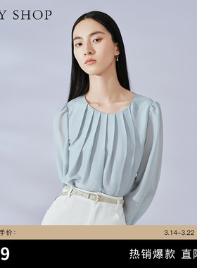 TKY SHOP设计感圆领气质衬衫优雅夏季桑蚕丝打褶通勤衬衣真丝上衣