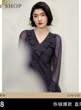 TKY SHOP法式长袖连衣裙女春秋新款荷叶领气质波点裙收腰显瘦长裙