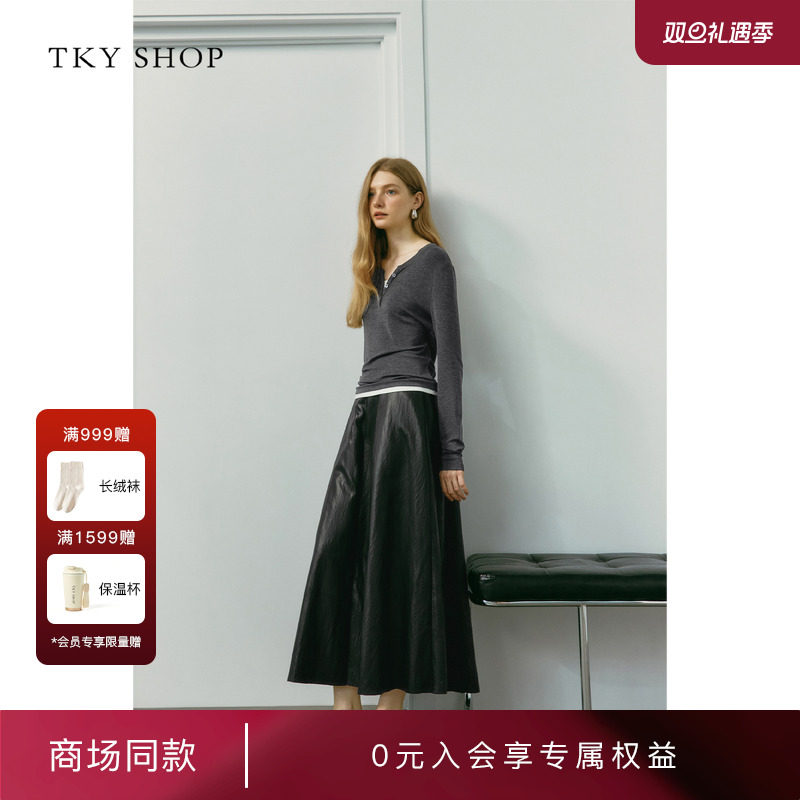 TKYSHOP长款复古哑光PU皮裙