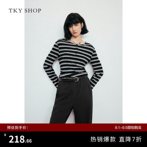 TKYSHOP抽褶条纹长袖T恤女