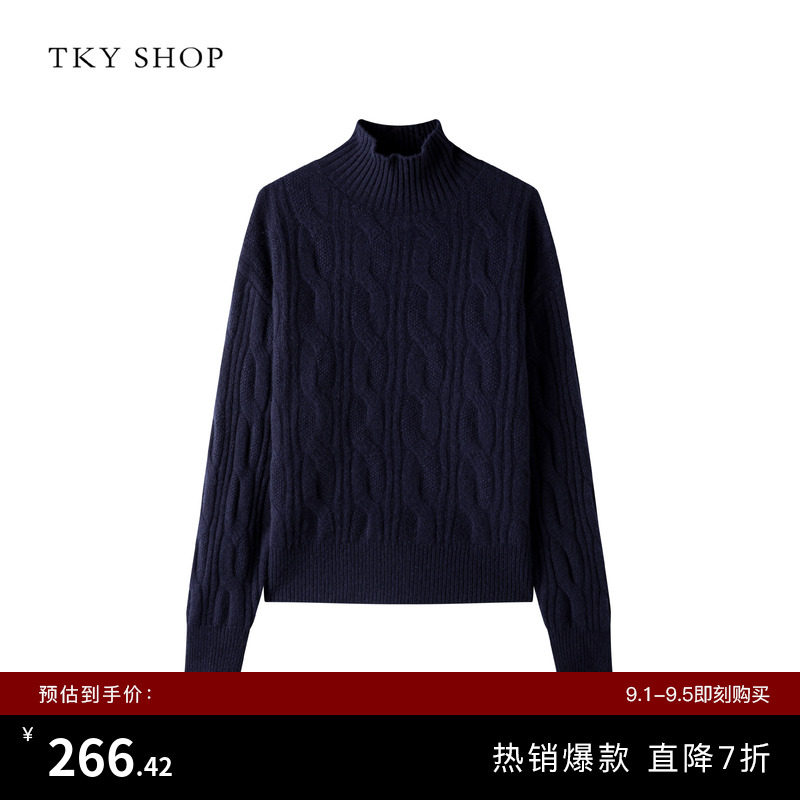 [100%绵羊毛]TKY SHOP绞花半高领毛针织衫女冬新款设计感加厚毛衣