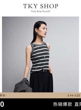 TKY SHOP圆领条纹针织背心女夏新款修身显瘦通勤复古薄上衣内搭
