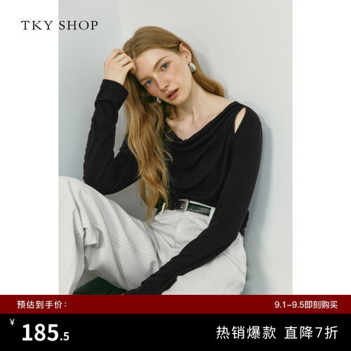 TKYSHOP黑色荡领长袖T恤