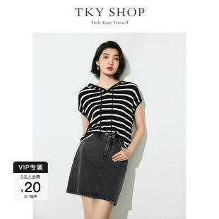 时尚 TKY 新款 SHOP连帽黑白条纹针织衫 宽松上衣 2025夏季
