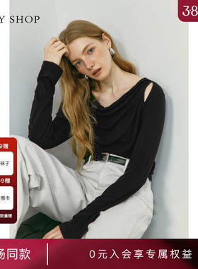 [商场同款]TKYSHOP黑色长袖T恤女2025秋新款荡领上衣10I1NA03L042