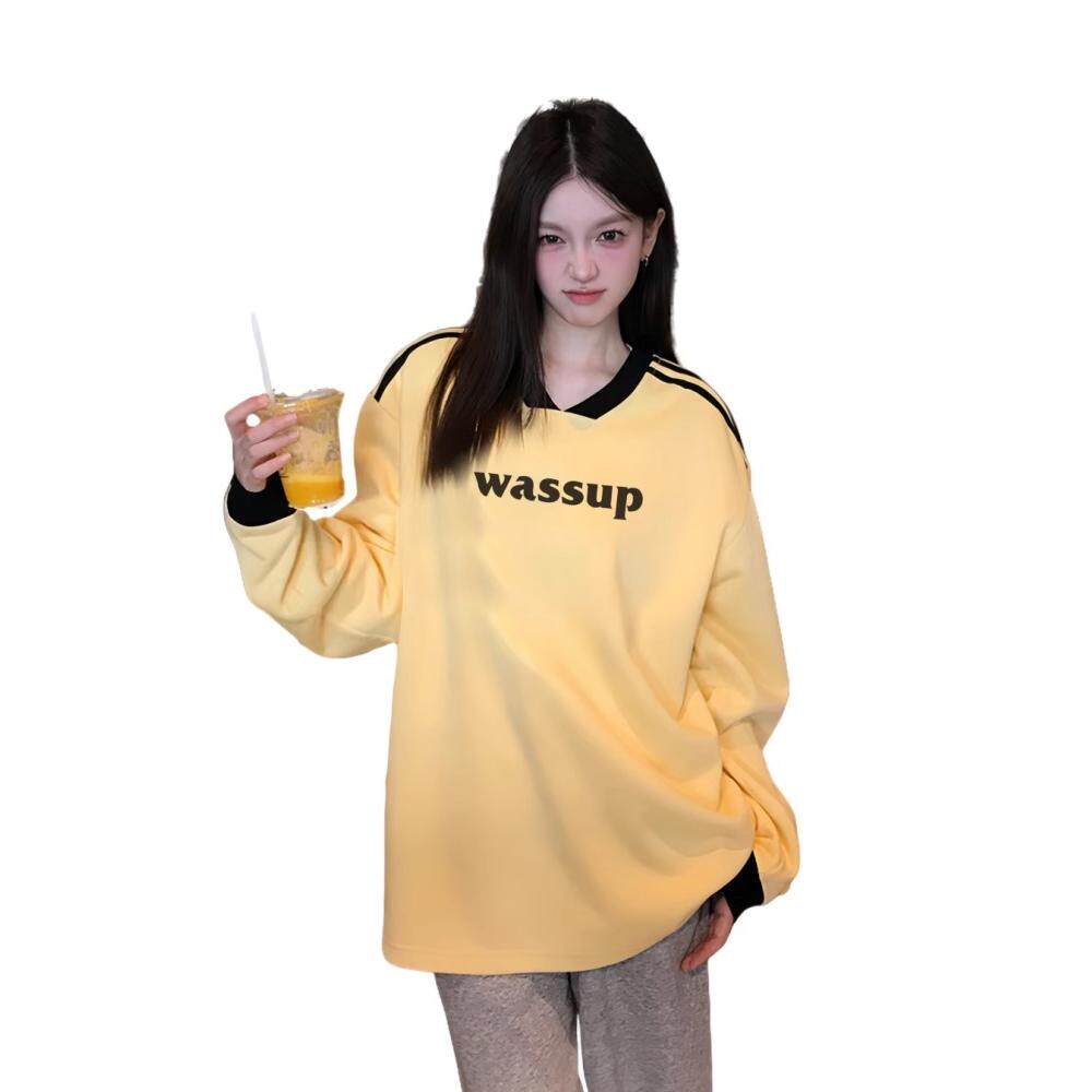 WASSUP美式插肩长袖黄色v领卫衣女款春秋设计感条纹打底衫上衣服