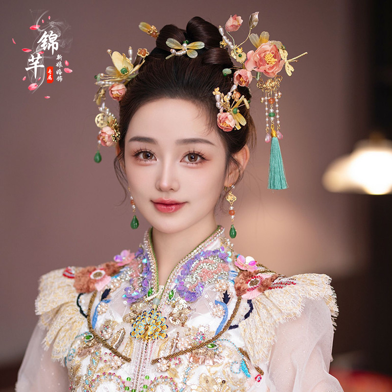 美橘粉少女新中式国风头饰