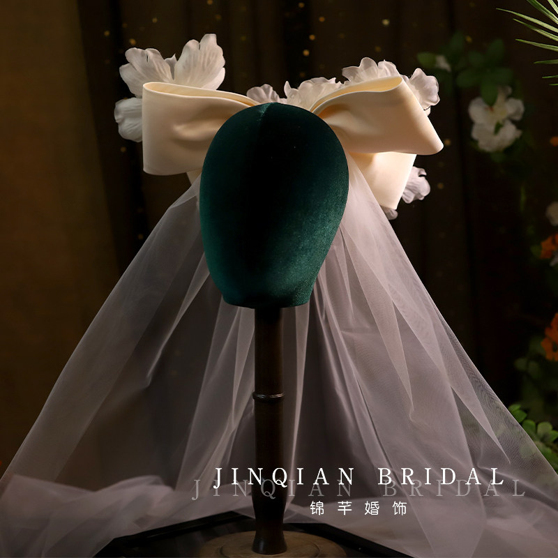 法式仙美白色大蝴蝶结新娘头纱