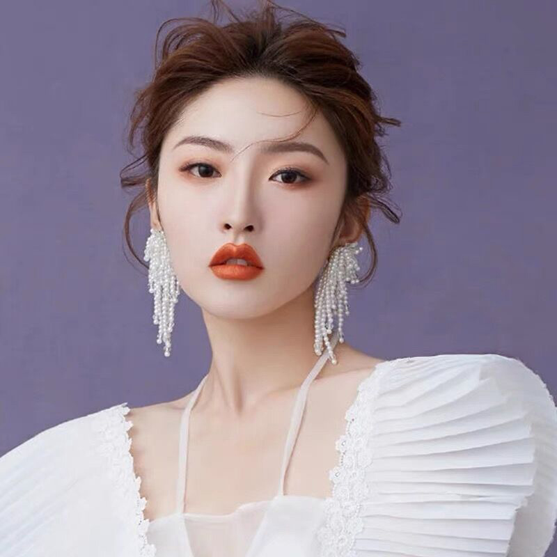 串珠长款珍珠流苏耳钉