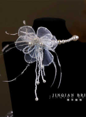 项链森系超仙灵动羽毛薄纱花朵珍珠颈链新娘礼服锁骨链2024新款