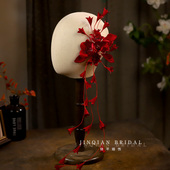 新款 酒红色花朵铃兰流苏发夹新娘头饰森系结婚礼服敬酒服造型发饰