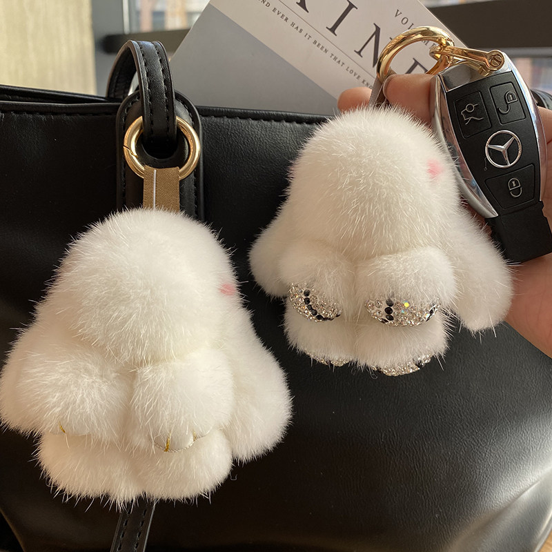 汽车钥匙扣挂件水貂毛装死小兔子毛绒可爱公仔高档礼物书包包挂饰
