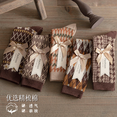 费尔岛双针双路袜子女中筒袜秋季长筒袜民族风英伦风菱格女士长袜