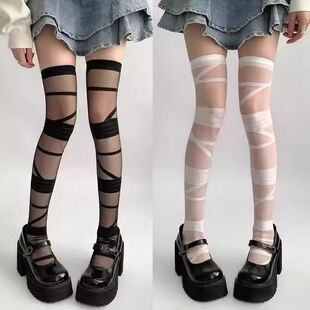 绑带堆堆袜y2k亚文化辣妹黑白色绷带长筒过膝丝袜女薄款洛丽塔袜