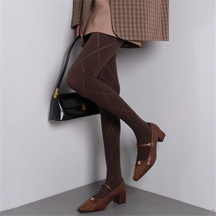 菱形格镂空连裤袜女秋冬加厚羊绒保暖打底袜美拉德咖啡色打底袜子