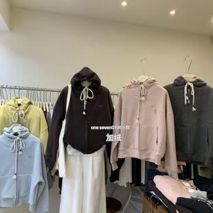 oneseven韩系连帽宽松卫衣女加绒拉链开衫百搭休闲外套帽衫银狐绒
