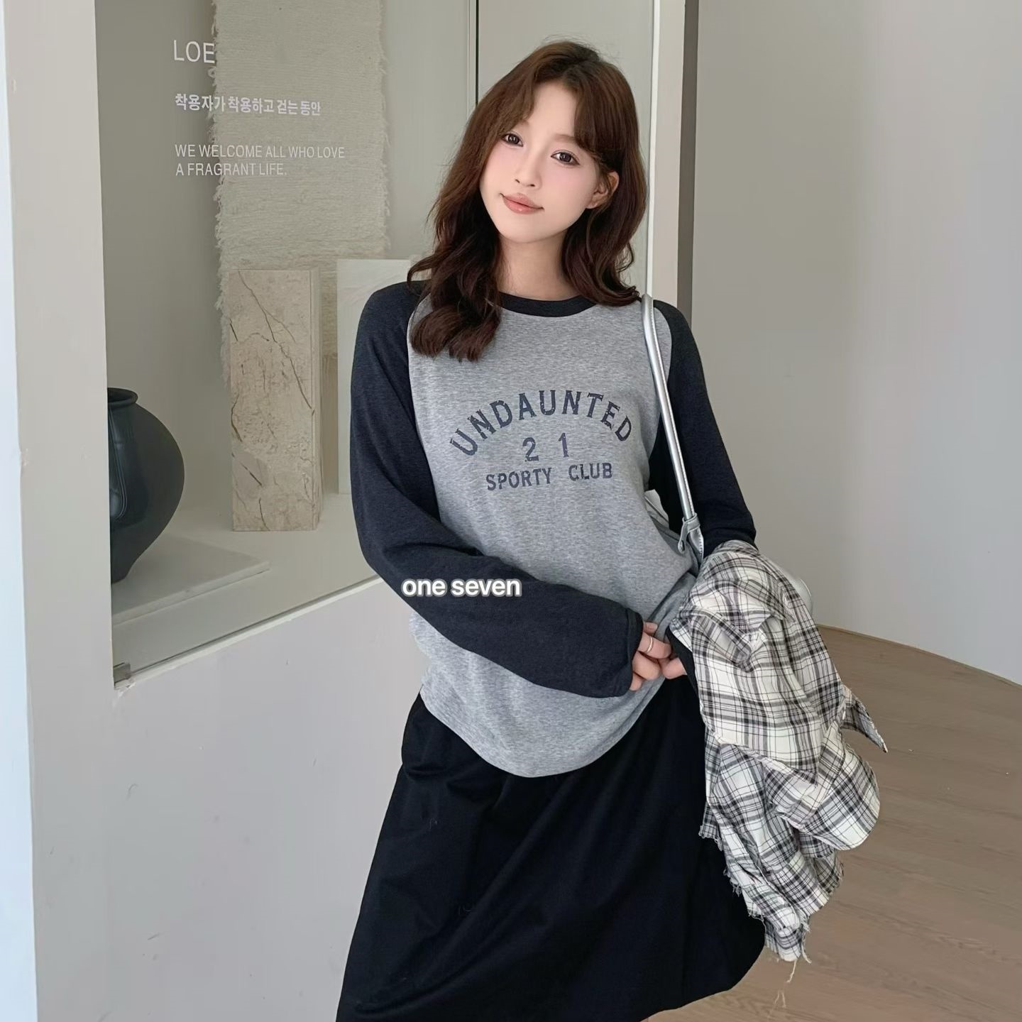 oneseven拼接撞色云朵绒长袖T恤