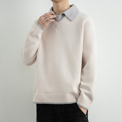 2025新款秋冬毛衣男款针织衫假两件衬衫领翻领青少年学生上衣厚款