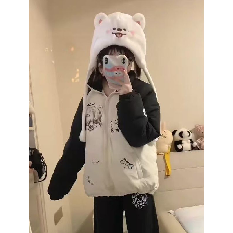 2024冬季新款黑白撞色亚文化面包服外套女ins设计感拼接百搭棉服