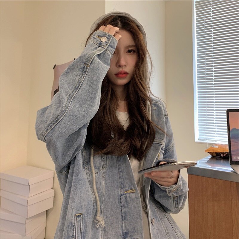 冬季牛仔外套女春秋ins潮连帽夹克衫大尺码胖mm宽松休闲 长袖上衣