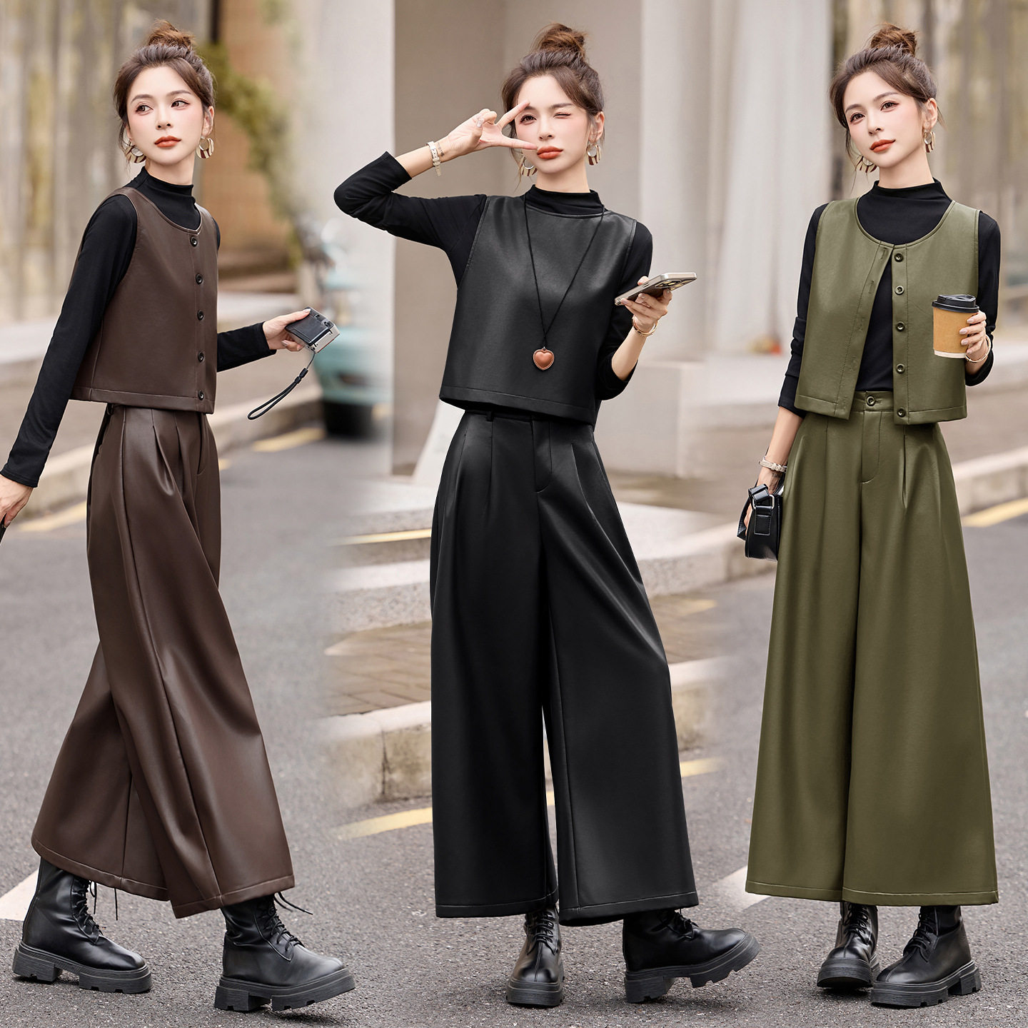 今年流行特惠秋季新款女式PU皮三件套无袖皮马甲+吊带衫+阔腿