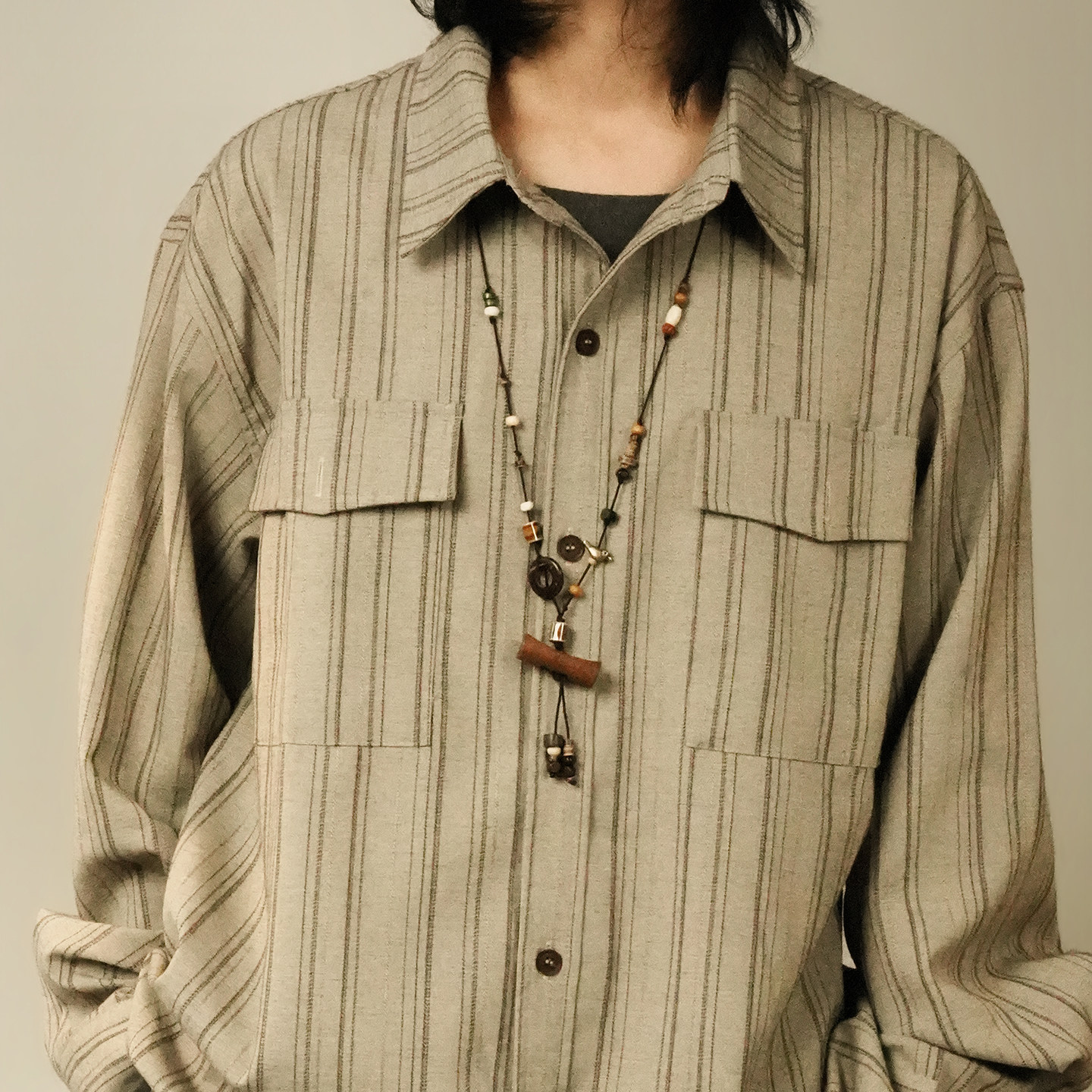 贰狸手工编织民族风毛衣链圆木棕色复古百搭棉绳串珠重工长款项链