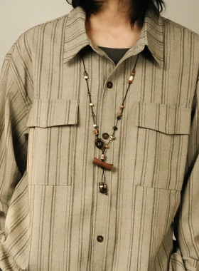 贰狸手工编织民族风毛衣链圆木棕色复古百搭棉绳串珠重工长款项链