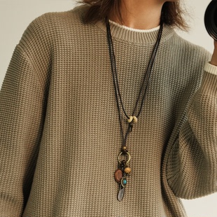 贰狸手作「羽毛」原创设计复古项链民族风十字链毛衣链吊坠配饰