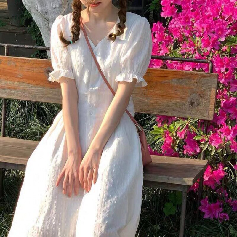 2026年新款女装 法式白色气质短袖连衣裙收腰显瘦中长裙夏季
