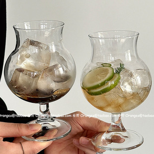 Oranges小众胖鼓高脚玻璃杯子冰咖啡杯大容量苏打气泡水杯饮品杯