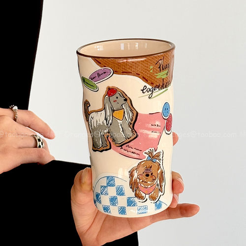 复古棕色萌犬手握杯陶瓷杯咖啡杯