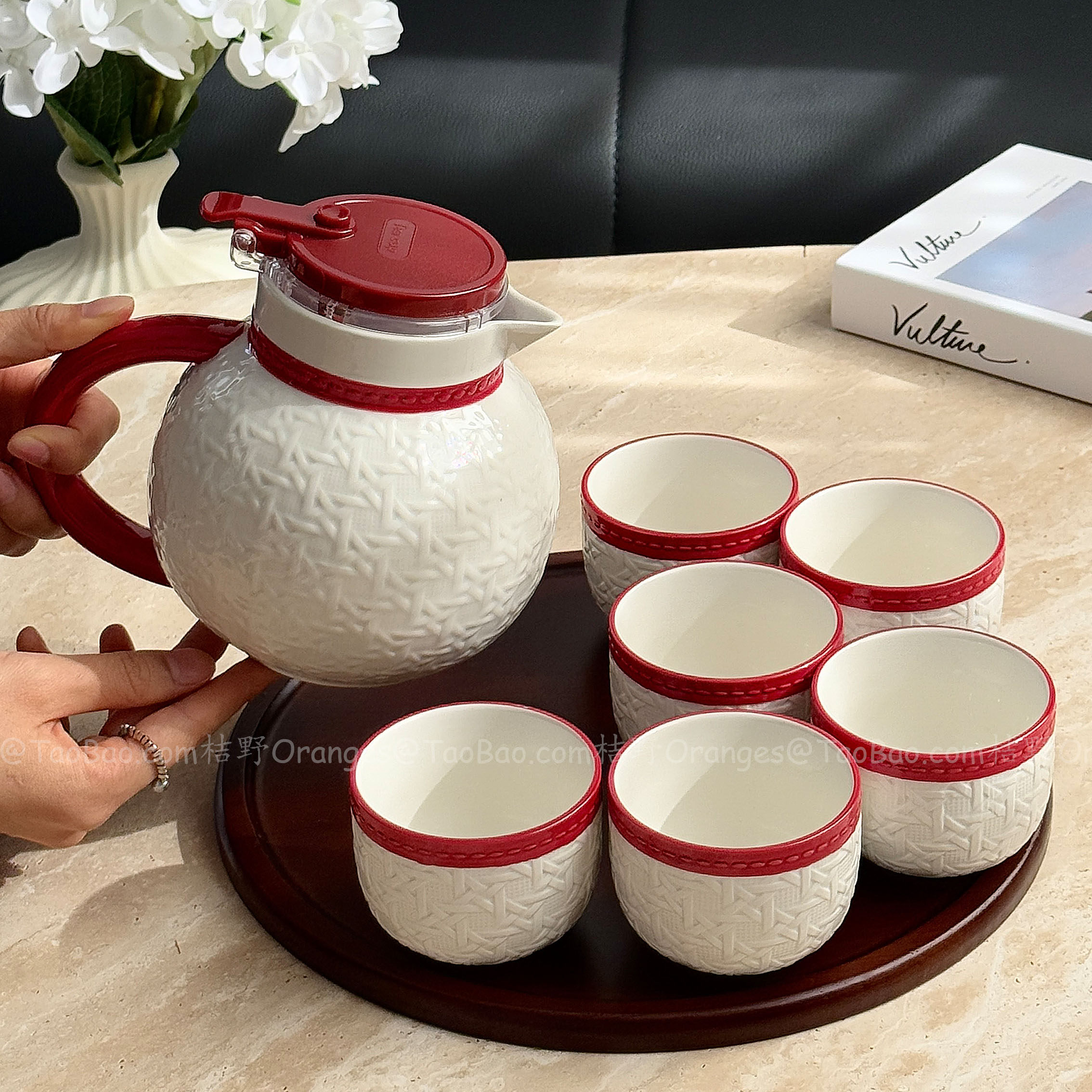 高级感复古红藤编纹陶瓷喝水杯套装家用客厅茶具乔迁新居结婚礼物