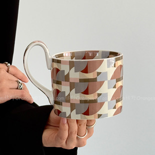 Oranges现代美学高柄卡其格马克杯陶瓷水杯大容量咖啡杯小众礼物