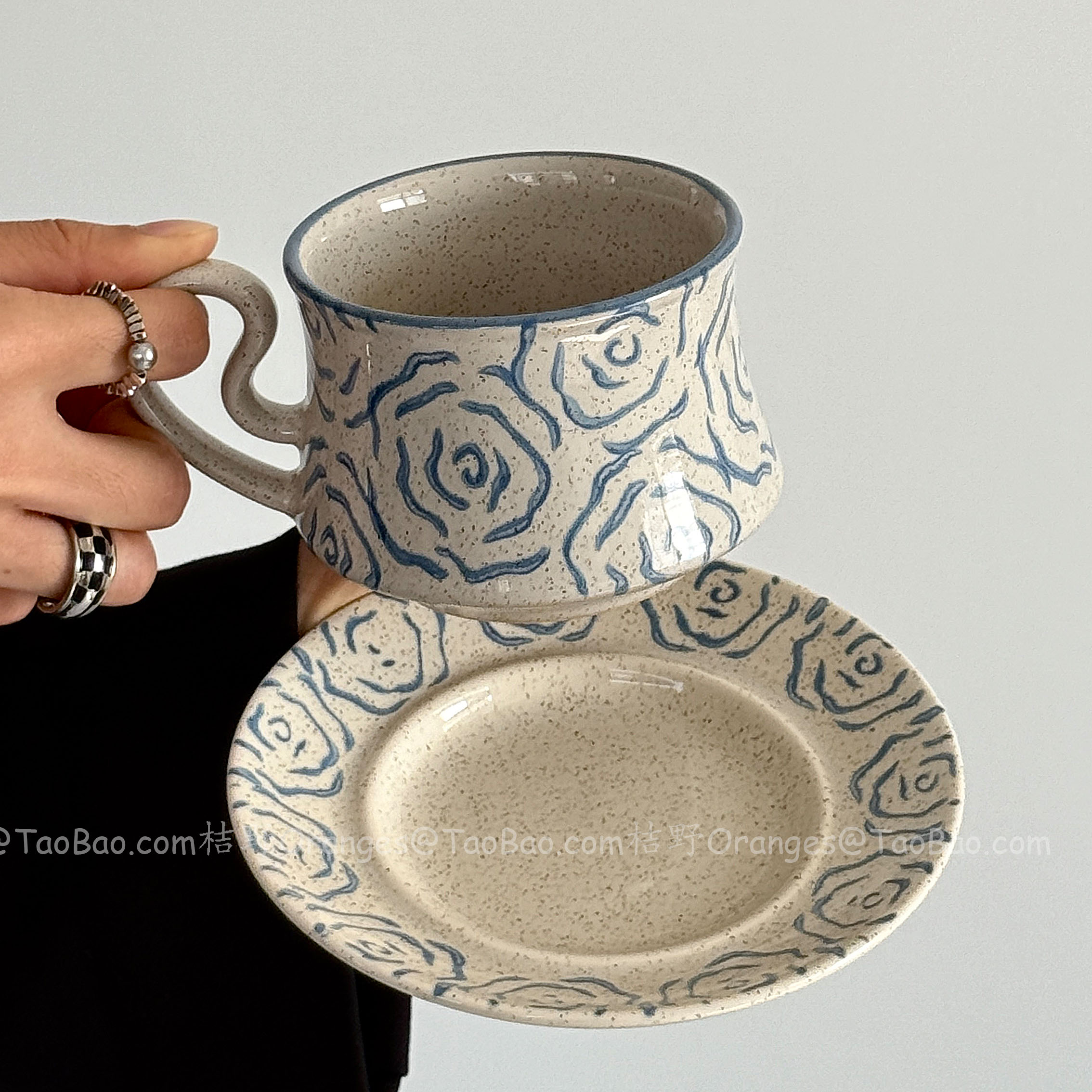 限定手绘染韵蓝玫瑰咖啡杯拿铁杯