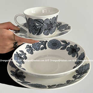 限定芬兰vintag中古复刻蓝菊陶瓷餐具早餐盘深盘西餐盘子咖啡杯碟