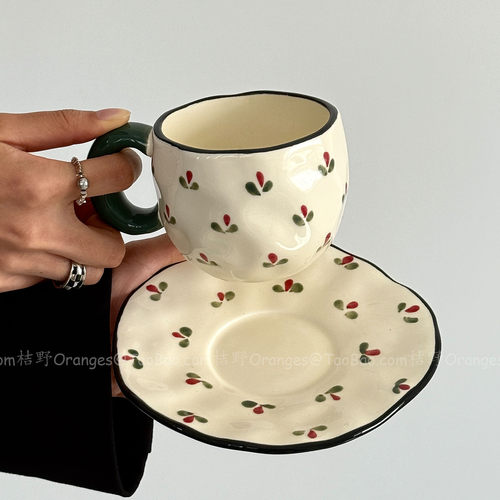 复古手绘小碎花咖啡杯碟下午茶杯