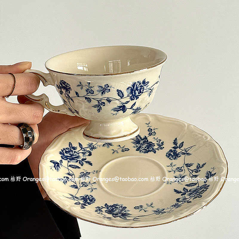 法式復古vintage青花瓷咖啡杯碟