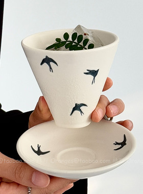Oranges日式复古燕子归咖啡杯碟手握杯陶瓷杯拉花拿铁杯小众礼物