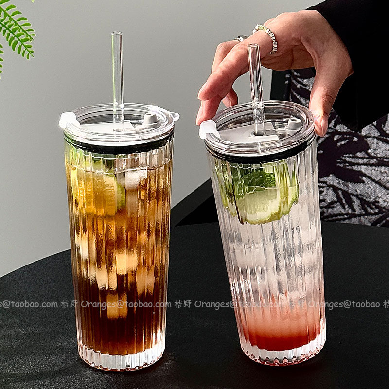 高颜值透明冰美式咖啡杯拿铁玻璃杯果汁杯夏季大容量带盖吸管杯子